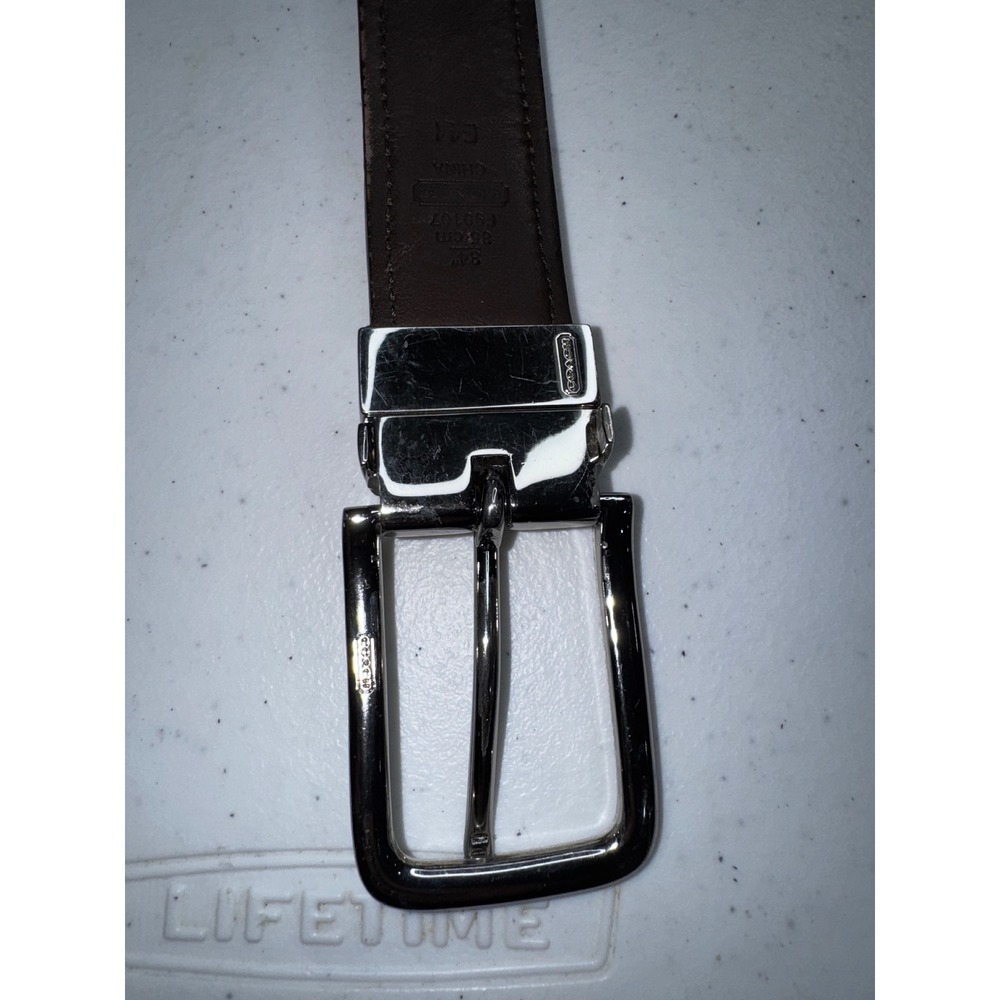 Coach Signature Monogram Canvas Leather Belt Brown Tan Silver Buckle 32-36 Inch - Picture 12 of 13